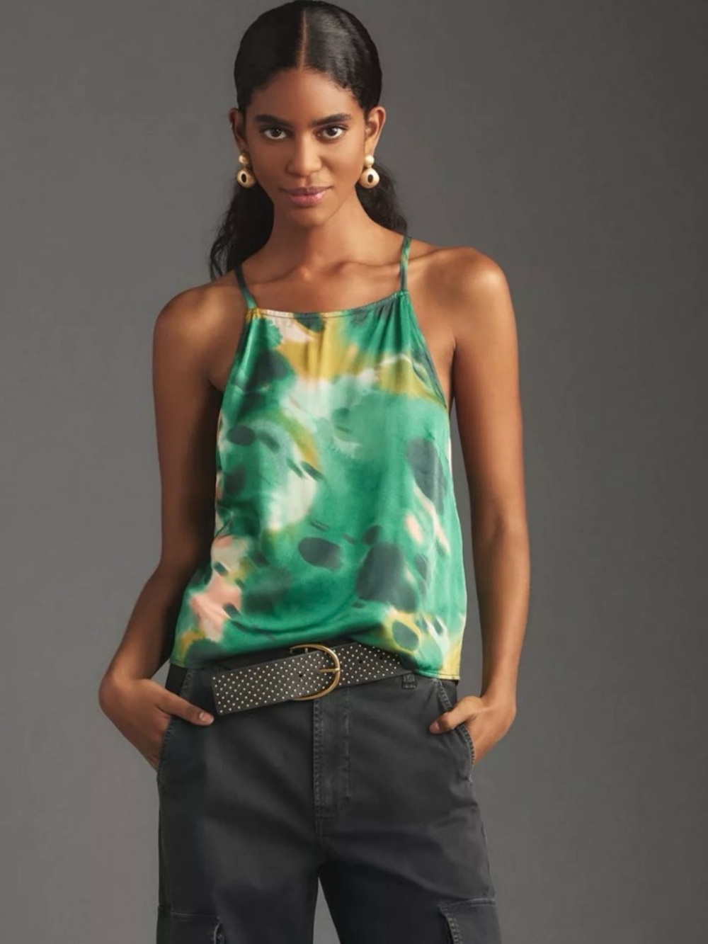 By Anthropologie - Green Abstract Print Satin Cami Top